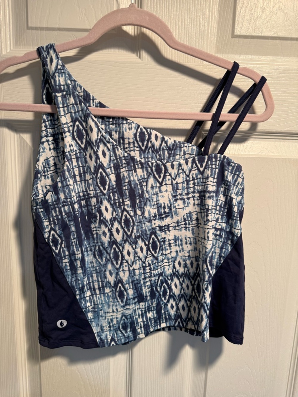 Asymmetric Blue Patterned One-Shoulder Swim Top